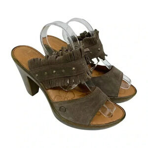 Born Kassidy Size 9 Suede Leather Platform Heels Boho Sandals Fringe Studded